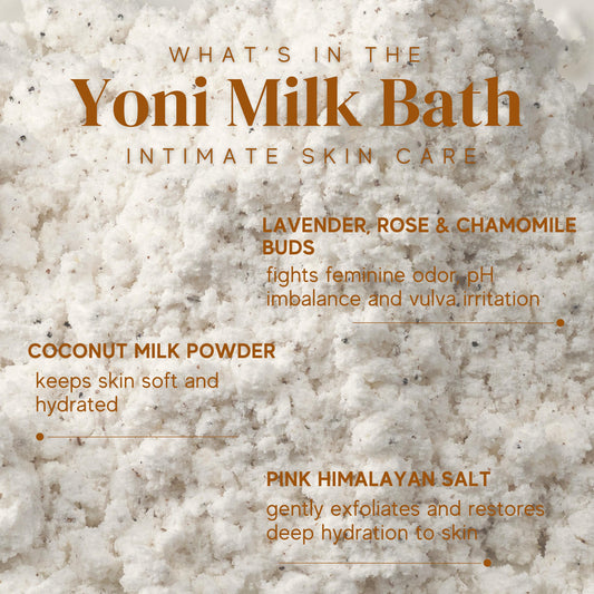 Yoni Milk Bath Essentials ingredients include lavender, rose and chamomile buds, coconut milk powder and pink himalayan salt