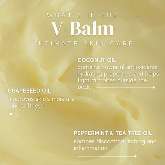 V-Balm Ingredients include coconut oil, grapeseed oil, peppermint and tea tree oil